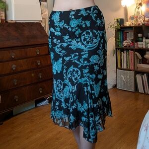 Chic Black and Teal Floral Midi Skirt